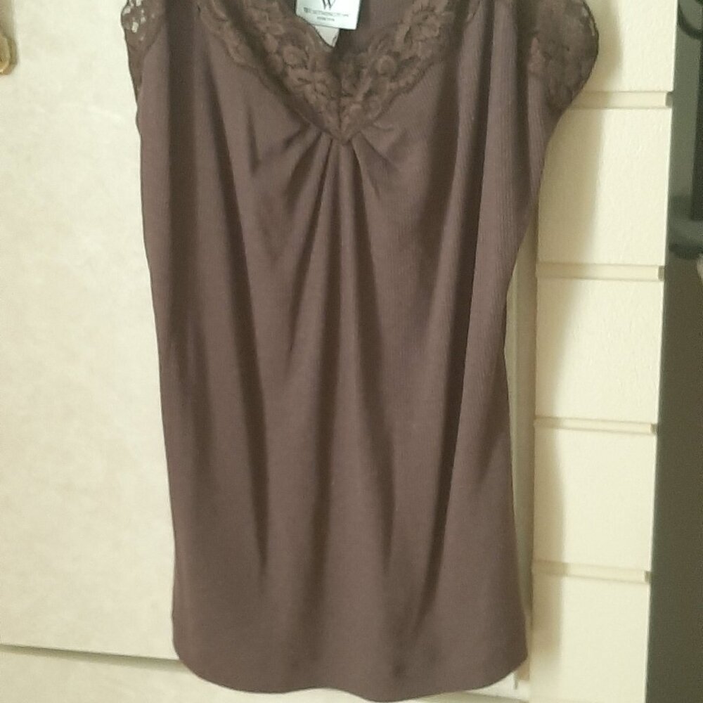 Worthington dk brown stretch camisole top, Sz L, Lace soft knit, cotton, spandex - Picture 5 of 6